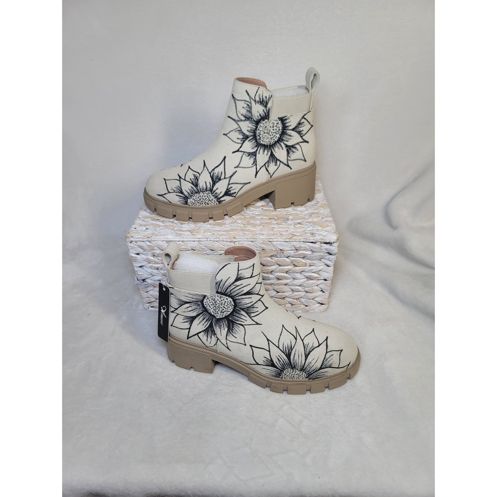 Y2k Cottagecore Sunflower Festival Boots Bohemian Chelsea Chunky Size 9 Upcycled
